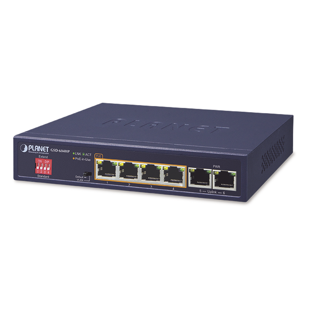 Switch no administrable 4 puertos, PoE, Gigabit