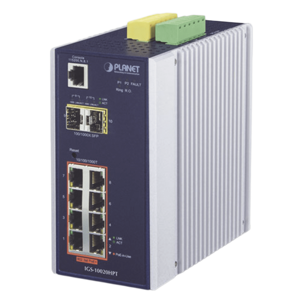 Switch industrial administrable 8 puertos, PoE, Gigabit, capa 2, 2 puertos SFP