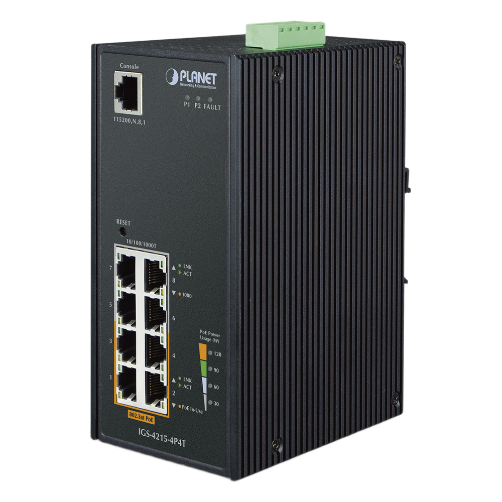 Switch industrial administrable 4 puertos, PoE, Gigabit
