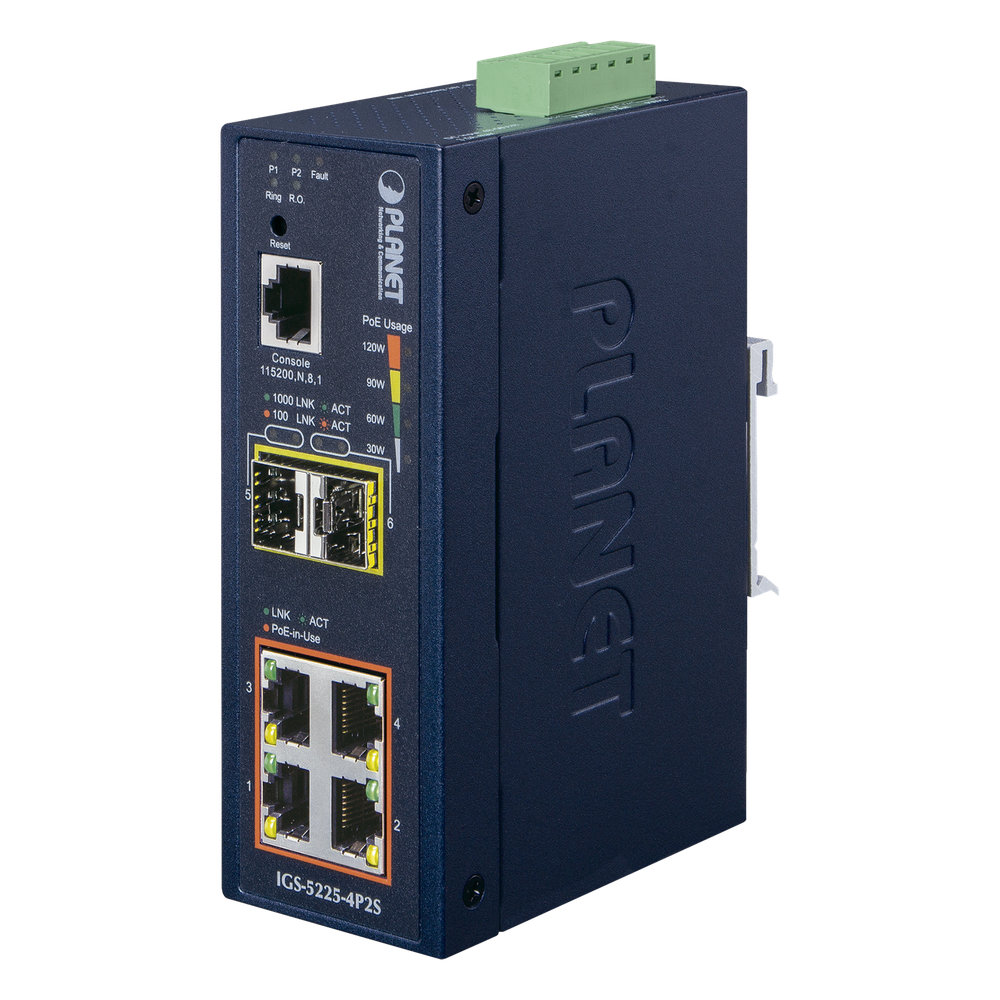 Switch industrial administrable 4 puertos, PoE, Gigabit, capa 2, 2 puertos SFP