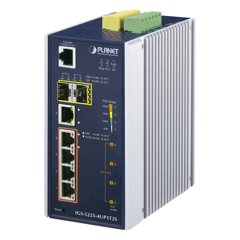 Switch industrial administrable 4 puertos, PoE, Gigabit, 2 puertos SFP