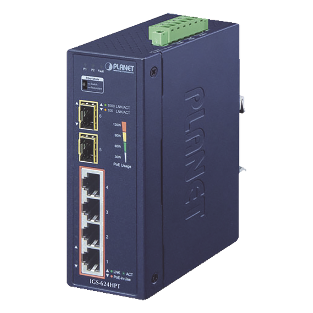 Switch PoE Industrial No Administrable de 4 Puertos PoE 10 / 100 / 1000T 802.3at, 2 Puertos SFP 10 / 1000X