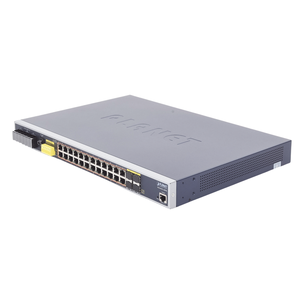 Switch industrial administrable 24 puertos, PoE, Gigabit, capa 3, 4 puertos SFP
