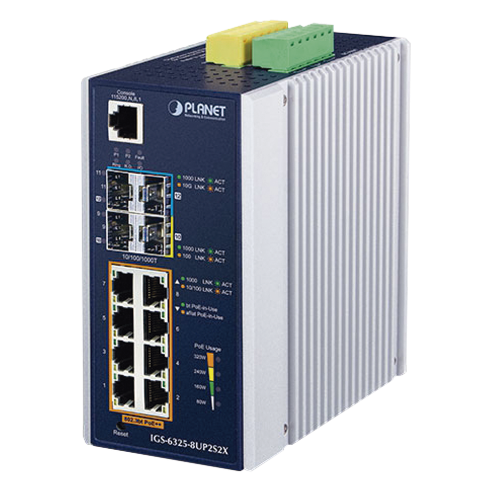 Switch industrial administrable 8 puertos, PoE, Gigabit, capa 3, 2 puertos SFP