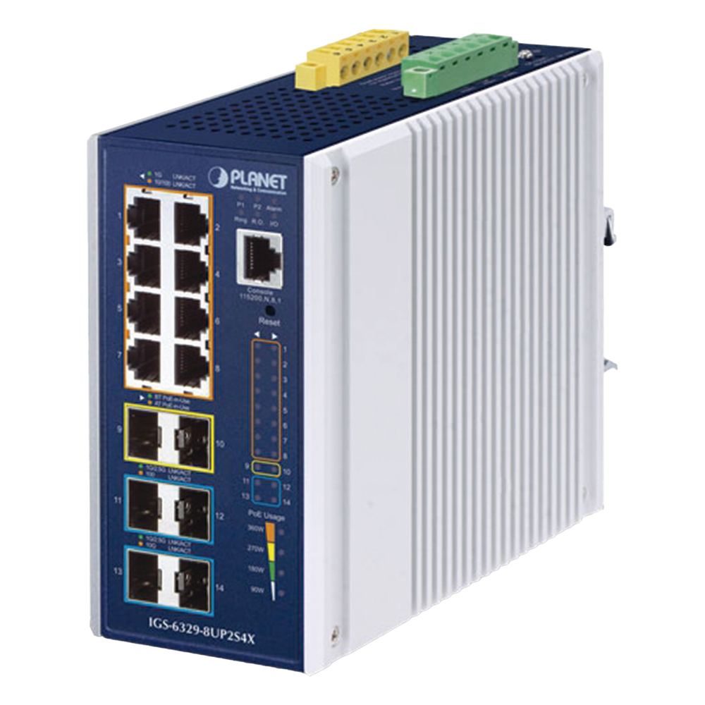 Switch Industrial Capa 3 de 8 Puertos 10 / 100 / 1000T PoE 802.3bt, 2 Puertos SFP 1 G / 2.5 G, 4 Puertos SFP 10G, Instalación en Pared o Puerto DIN