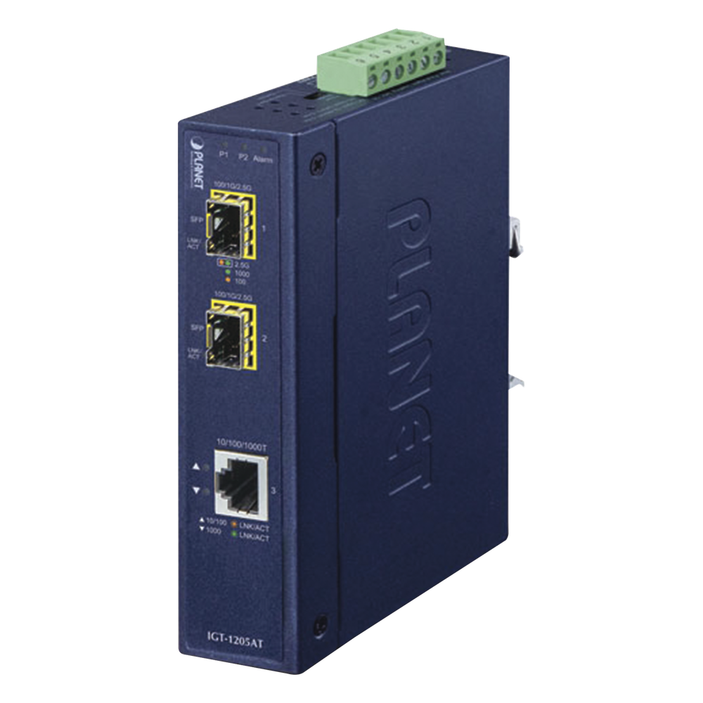 Convertidor de Medios Industrial de 1 Puerto Ethernet 10 / 100 / 1000 Base-T a 2 Puertos SFP 100 / 1000 / 2500 Base-X