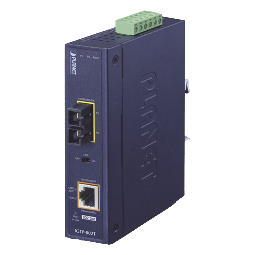 Convertidor de medios industrial PoE+ 1000BASE-SX a 10