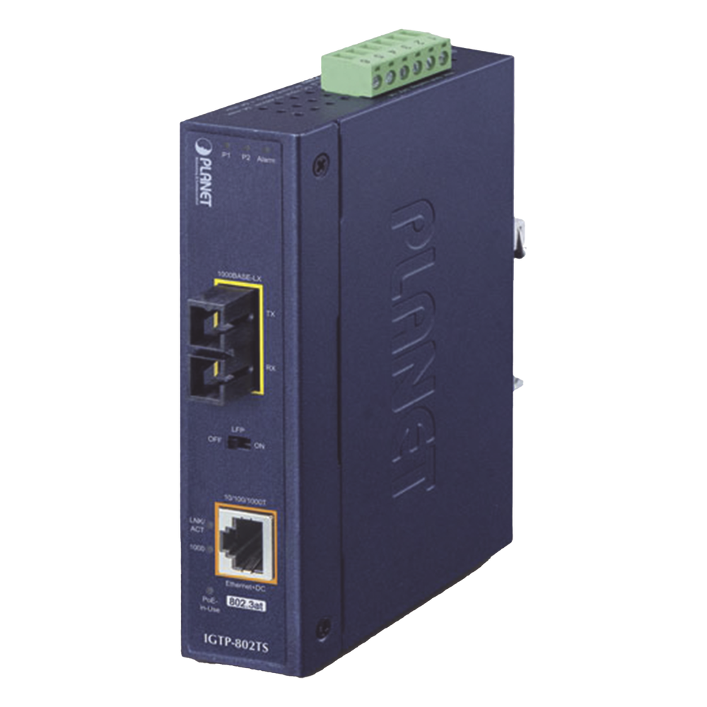 Convertidor de Medios Industrial PoE+ 1000BASE-LX a 10 / 100 / 1000BASE-T 802.3at (SC,SM) -20 km