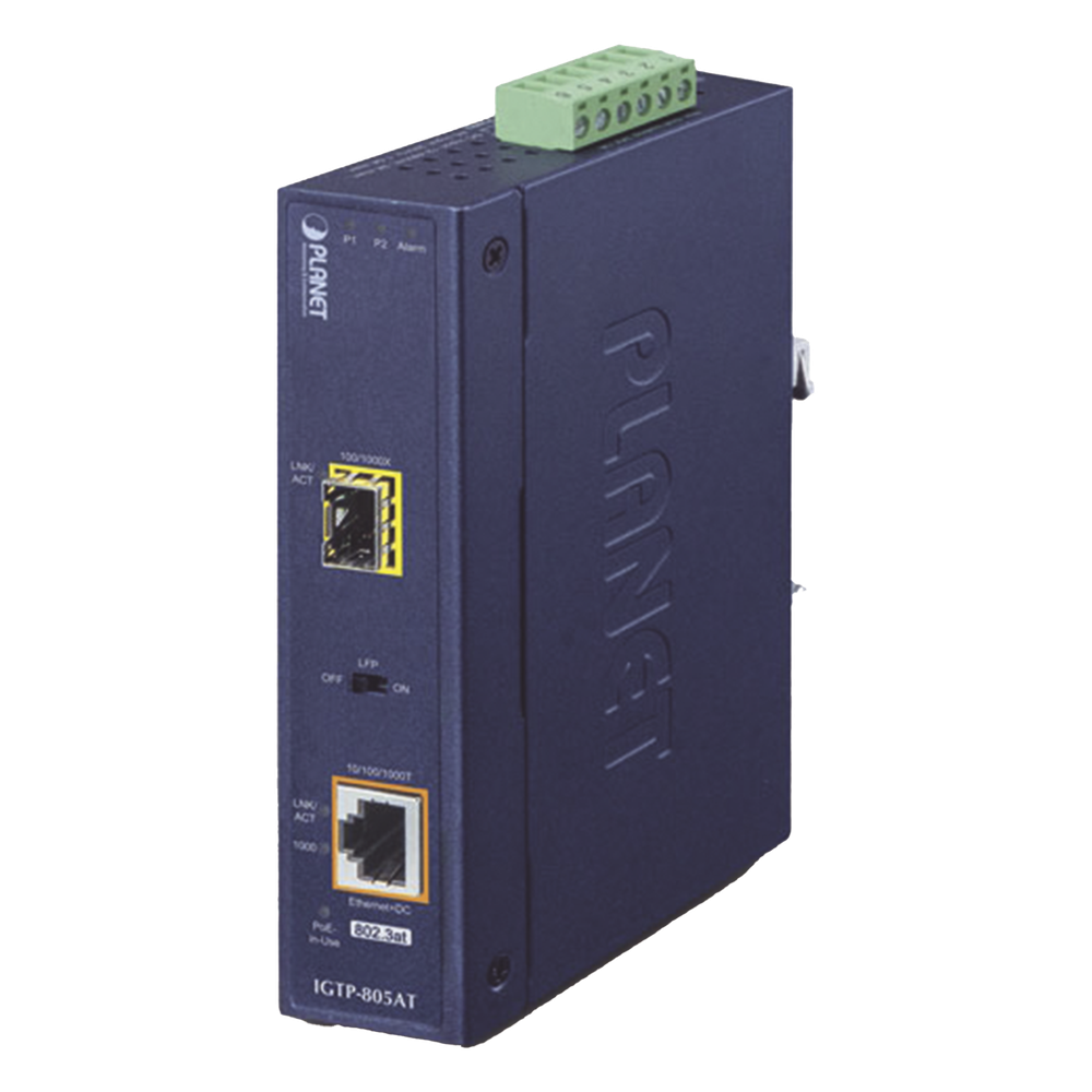 Convertidor de Medios PoE Industrial, Puerto SFP 1000BASE-SX / LX a Puerto RJ45 Gigabit con Salida PoE 802.3at (Hasta 30 W)