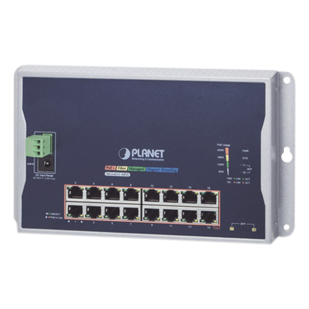 Switch industrial administrable 16 puertos, PoE, Gigabit, capa 2, 2 puertos SFP