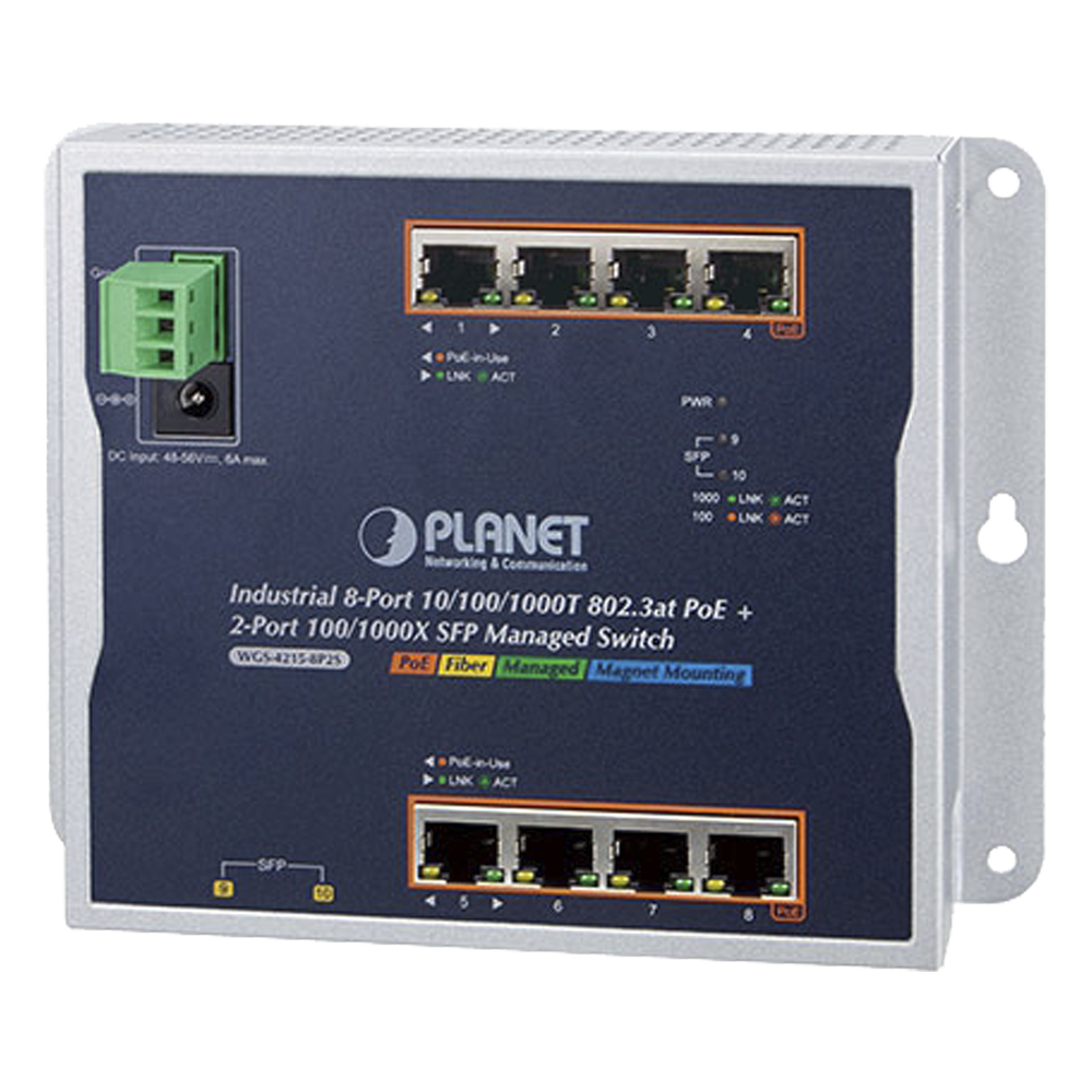 Switch industrial administrable 8 puertos, PoE, Gigabit, capa 2, 1000X SFP