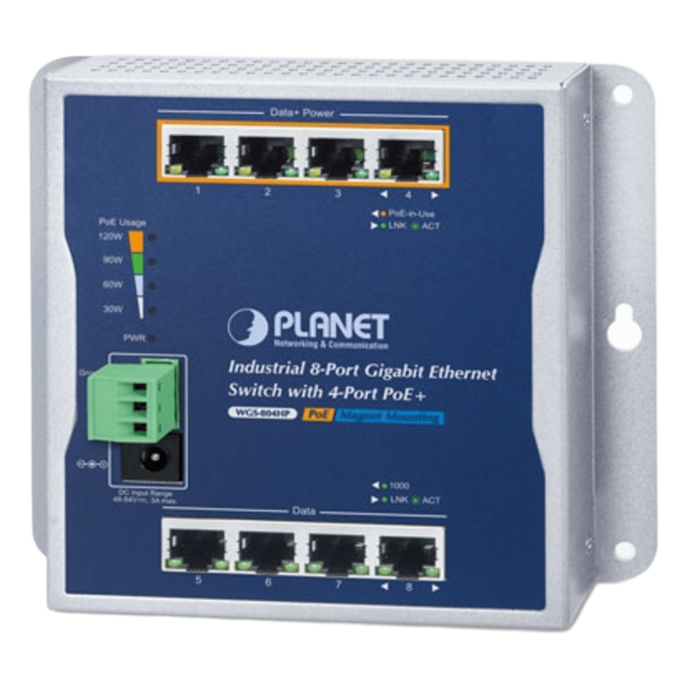 Switch industrial no administrable 8 puertos, PoE, Gigabit, 120 W