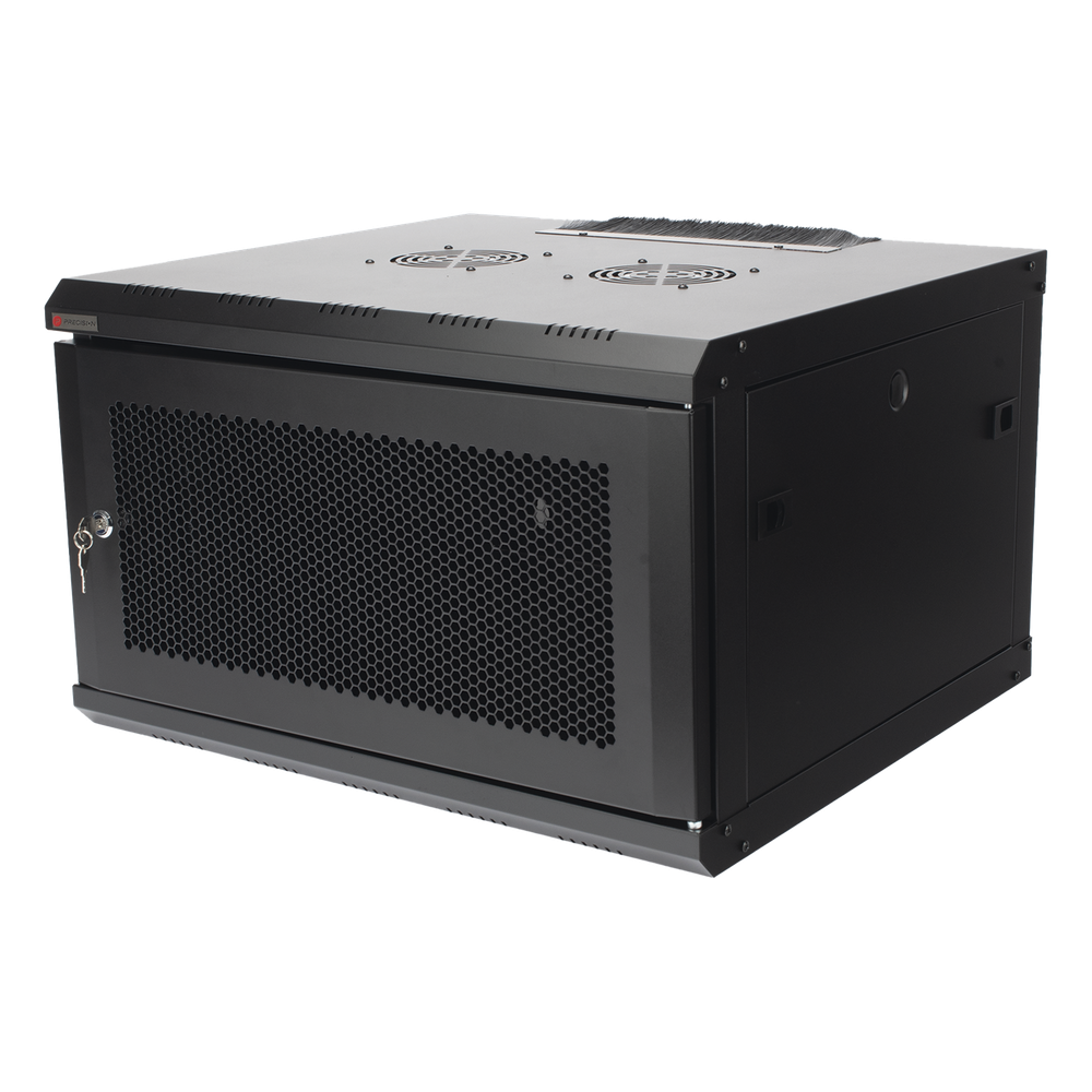 Gabinete de Pared PRECISION 19 in 6UR (455mm) - Puerta Perforada Incluye: 2 Ventiladores y Panel Cepillo