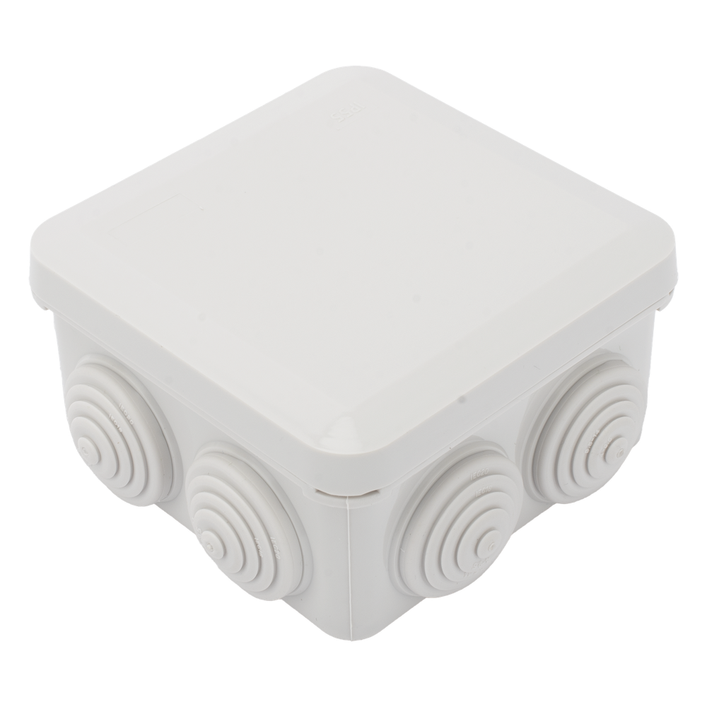 Caja Estanca, Derivación, Conexión de Plástico (89 X 89 X 50 mm) con 7 Glándulas de Goma. Para Instalaciones Comerciales, Residenciales e Industriales. Cerrado a Presión