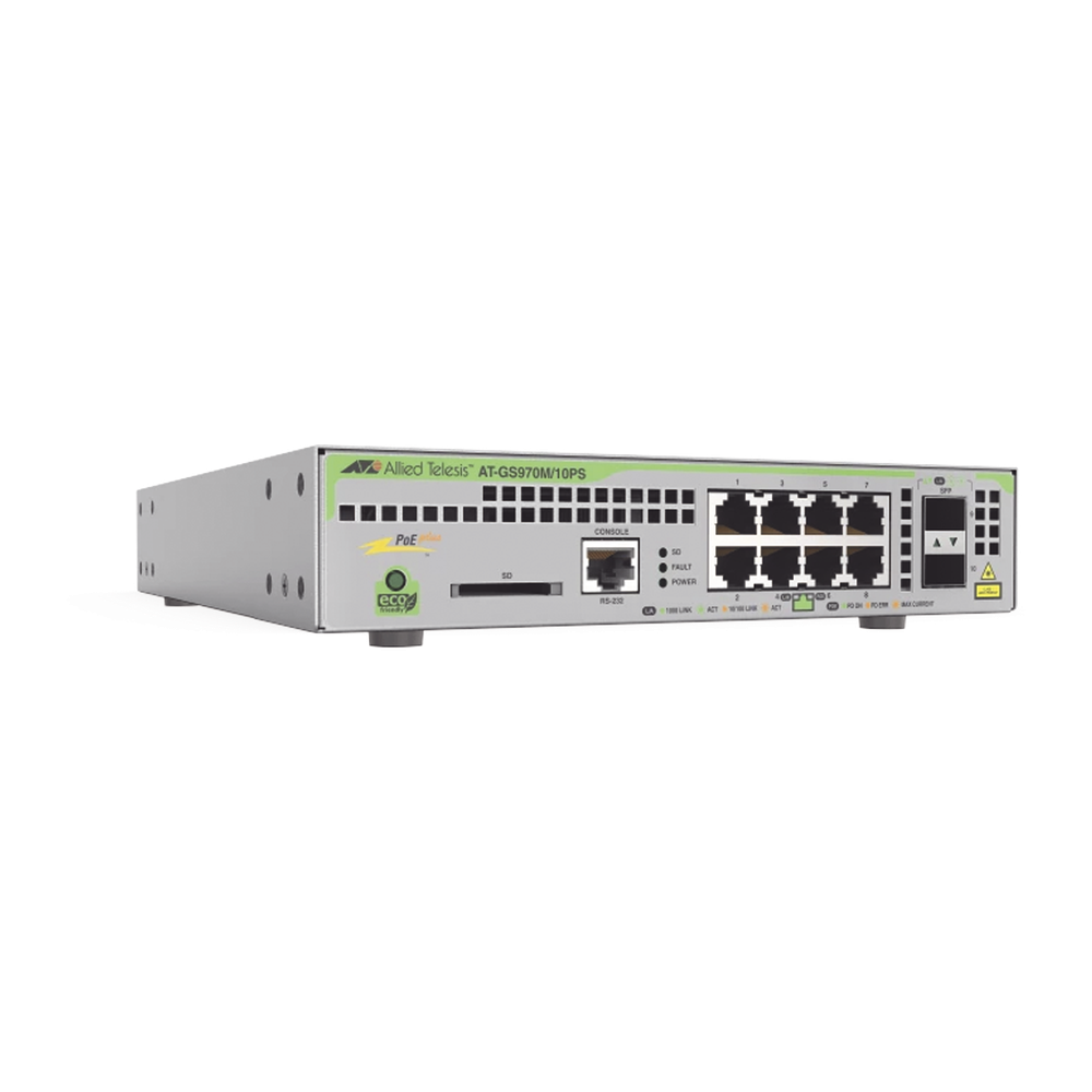Switch PoE+ Administrable CentreCOM GS970M, Capa 3 de 8 Puertos 10 / 100 / 1000 Mbps + 2 SFP Gigabit, 124 W