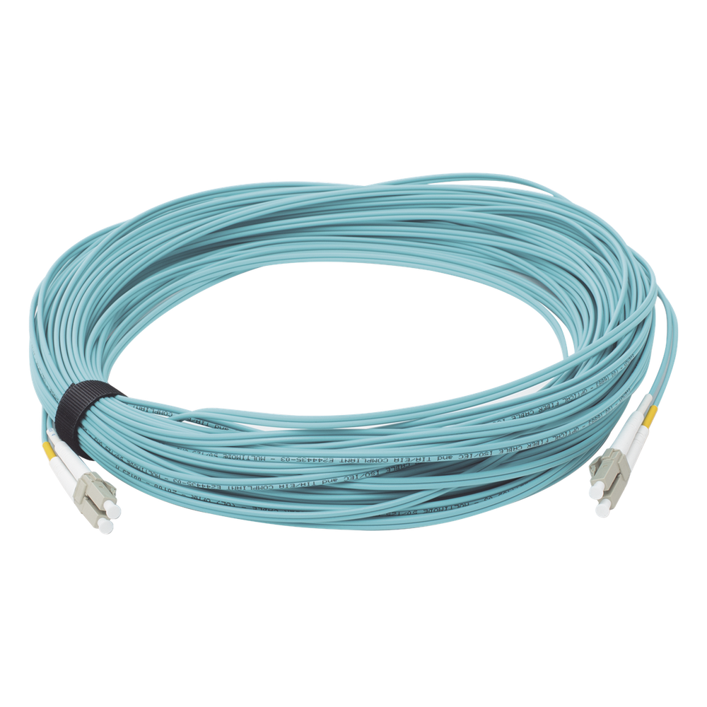 Jumper de fibra óptica OM3, LC-LC, dúplex, 30 m, aqua