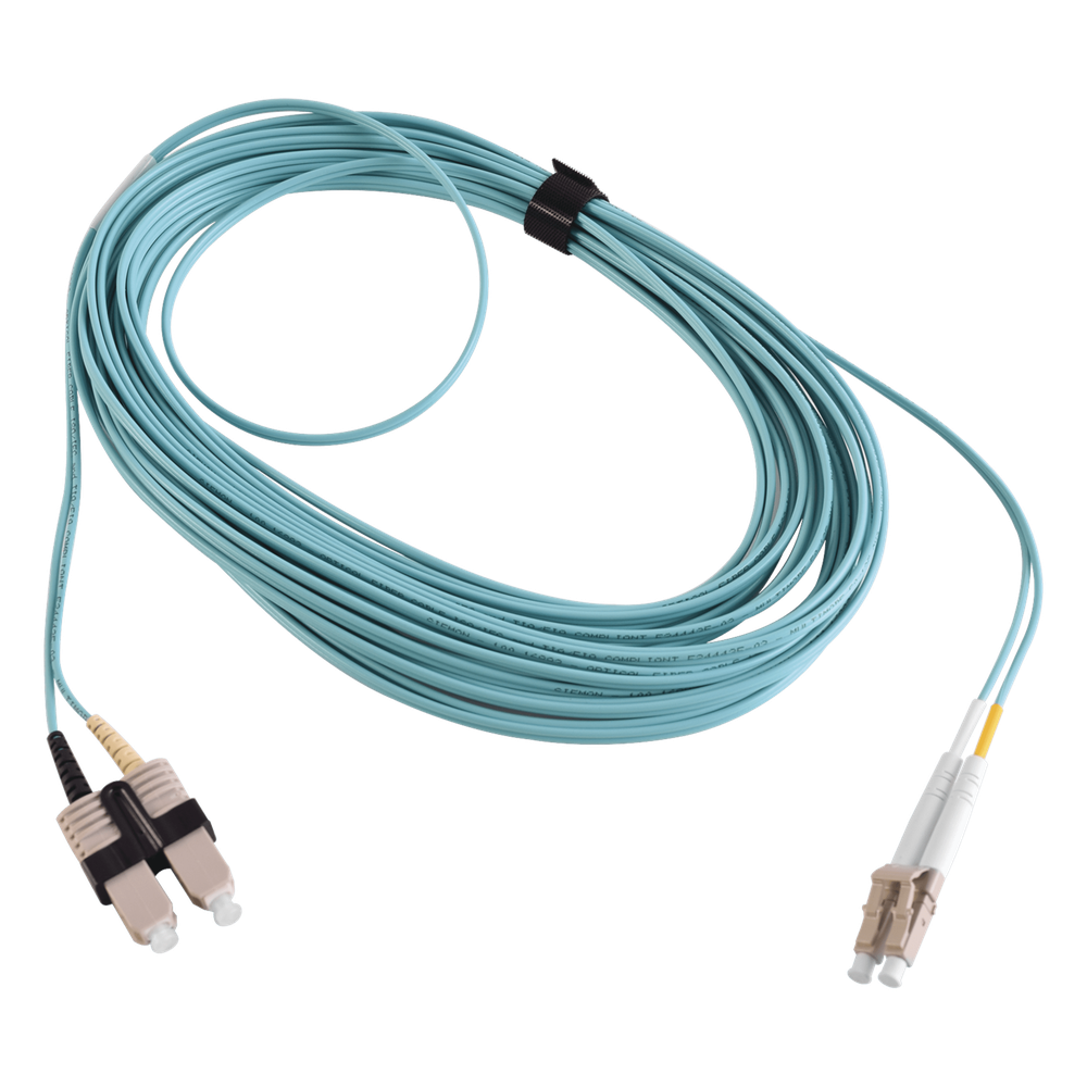 Jumper de fibra óptica OM3, LC-SC, dúplex, 10 m, aqua