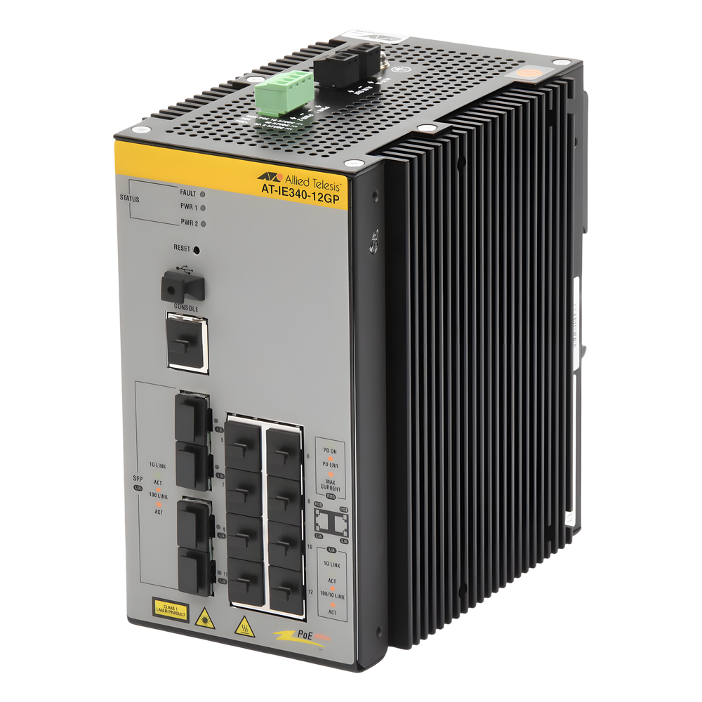 [AT-IE340-12GP-980] Switch Industrial PoE+ Capa 3 de 8 Puertos 10 / 100 / 1000 PoE af / at, 4 x SFP (TAA)