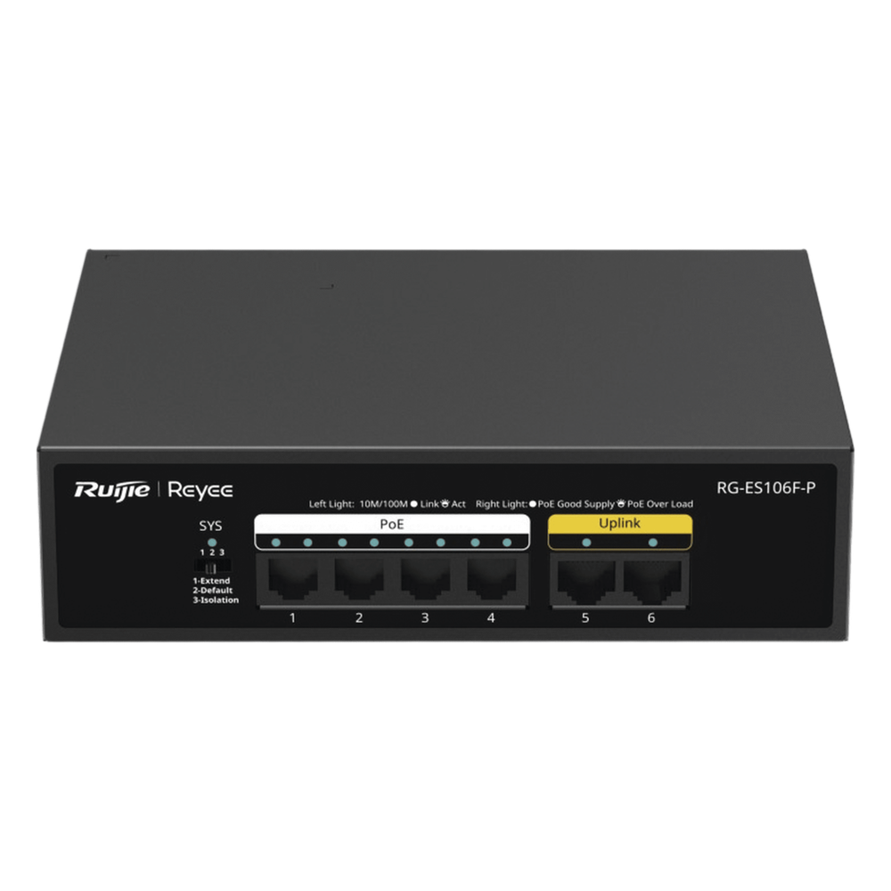 Switch no administrable 6 puertos, PoE+, 10/100 Mbps, 54 W
