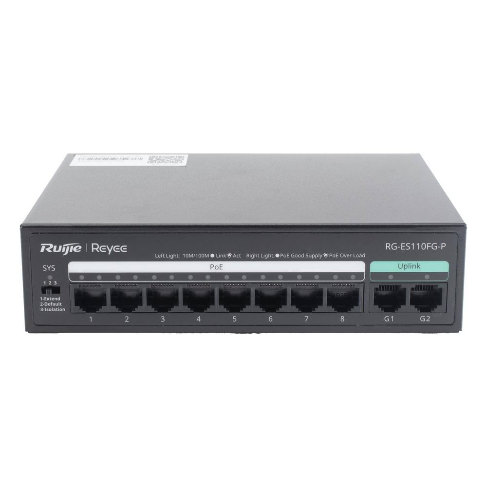 Switch PoE+ no Administrable, hasta 110 Watts, 8 puertos PoE+ 10 / 100 y 2 Uplinks Gigabit 1G