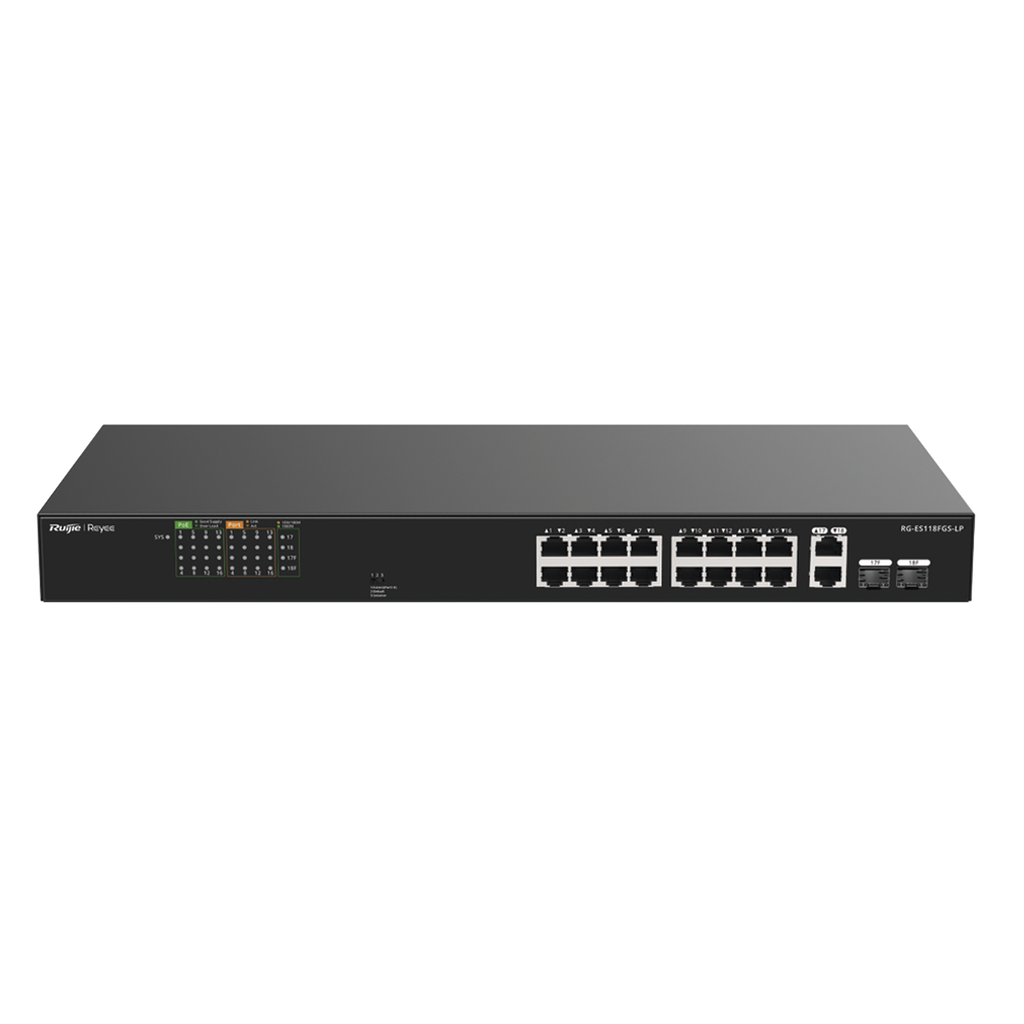 Switch no administrable 16 puertos, PoE+, Gigabit, 2 SFP, 120 W
