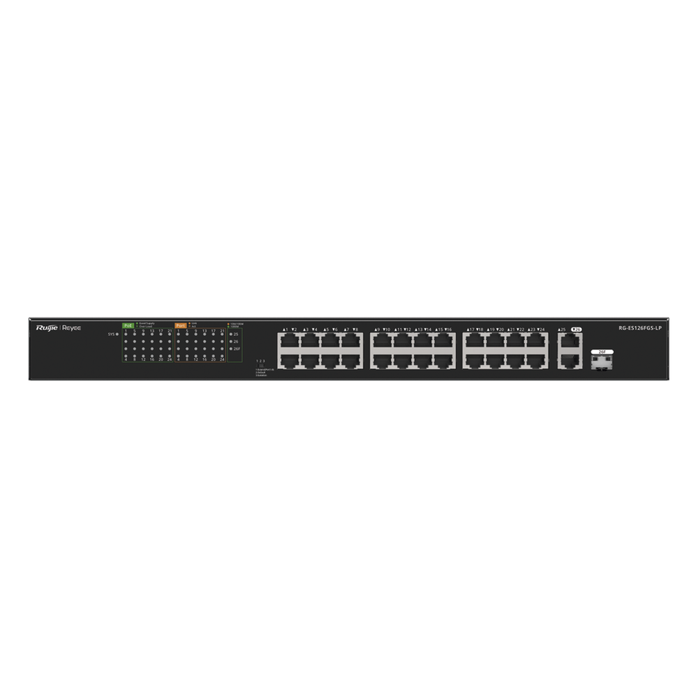Switch no administrable 24 puertos, PoE+, Gigabit, 1 SFP, 180 W