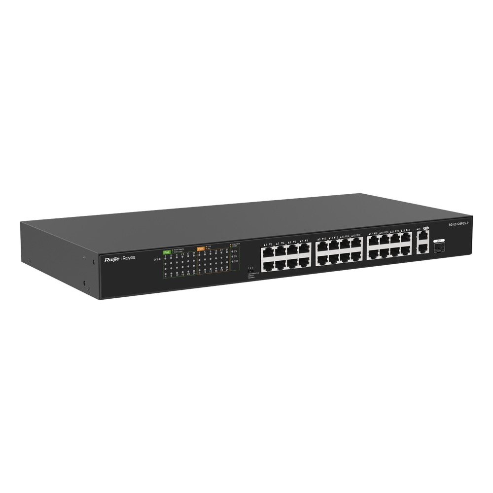 Switch no administrable 24 puertos, PoE+, Gigabit, 1 SFP, 370 W