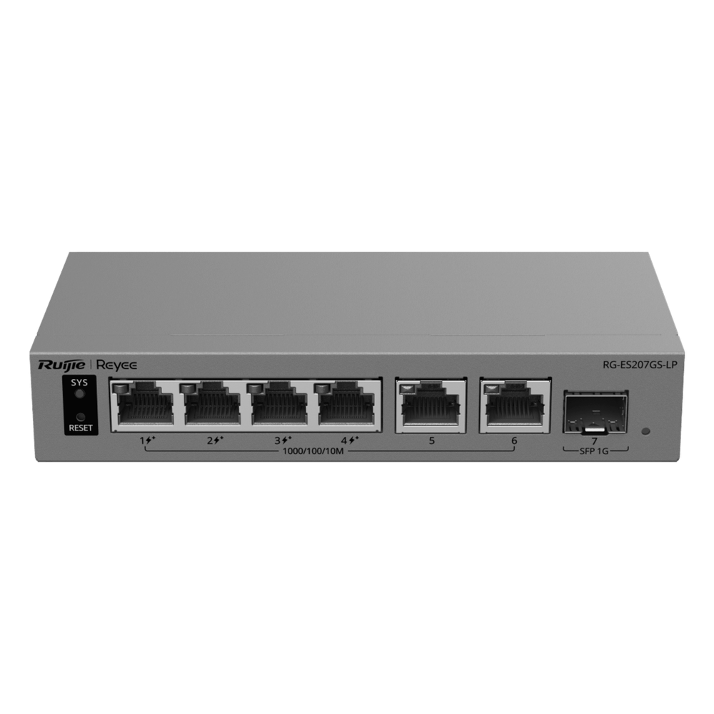 Switch administrable 7 puertos, PoE+, Gigabit, 1 puertos SFP, 54 W
