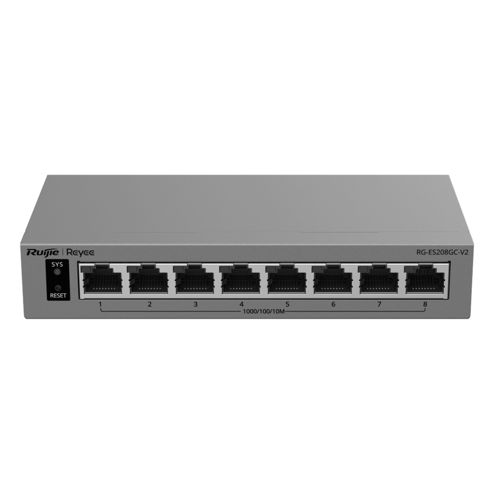 Switch Gigabit Smart Cloud-Managed / 8 Puertos 10 / 100 / 1000BASE-T / Capa 2 / Switching 16 Gbps / AI-Powered Failover / Modo CCTV Un-Click / Gestión Cloud Ruijie & App Reyee / Diseño Fanless / Gabinete Metal / Protección Surge 6 kV