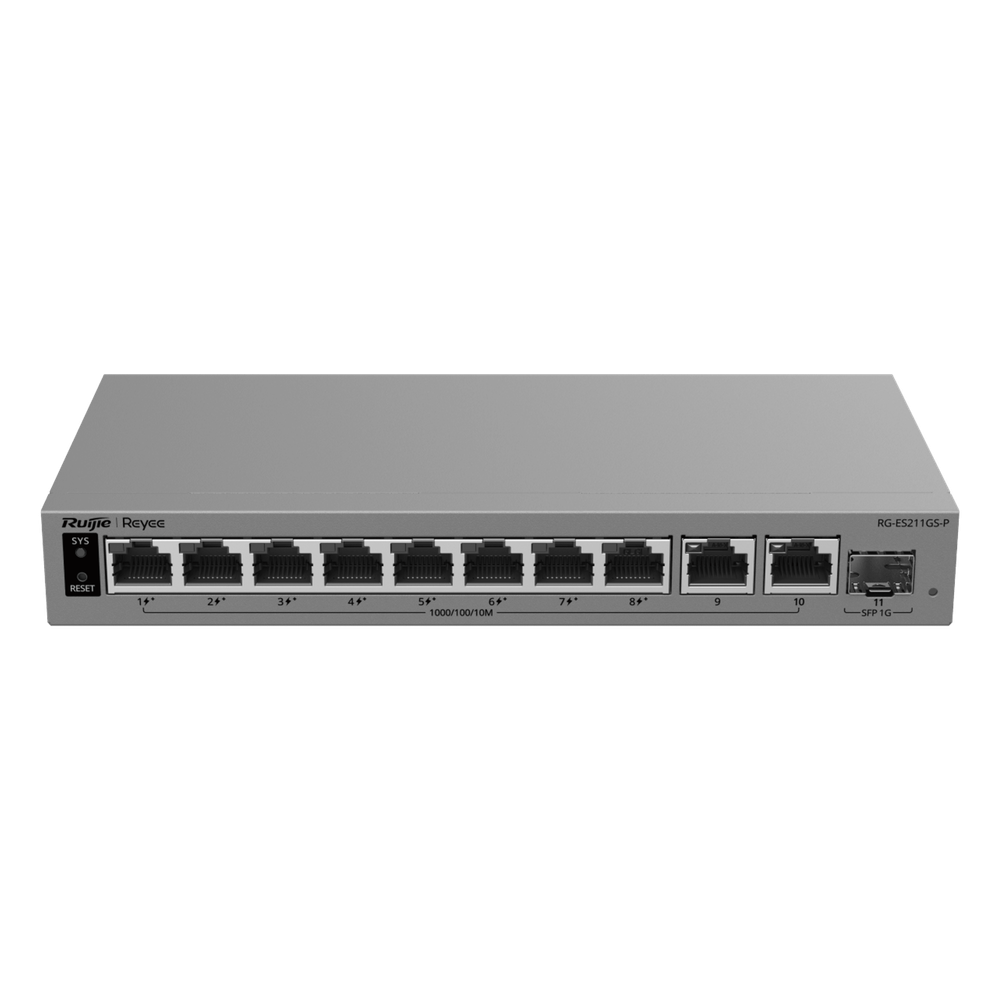 Switch administrable 11 puertos, PoE+, Gigabit, capa 2, 1 puertos SFP