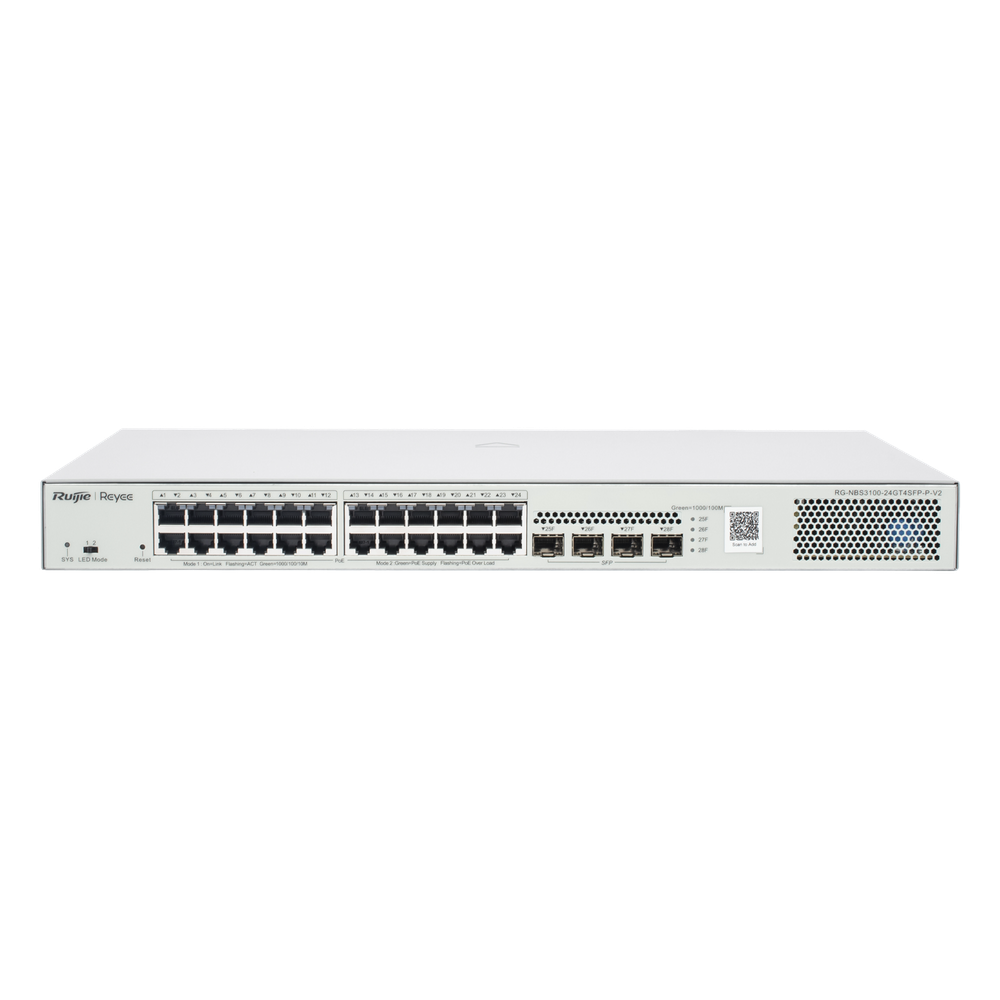 Switch administrable 24 puertos, PoE+, capa 2, 4 puertos SFP, 370 W