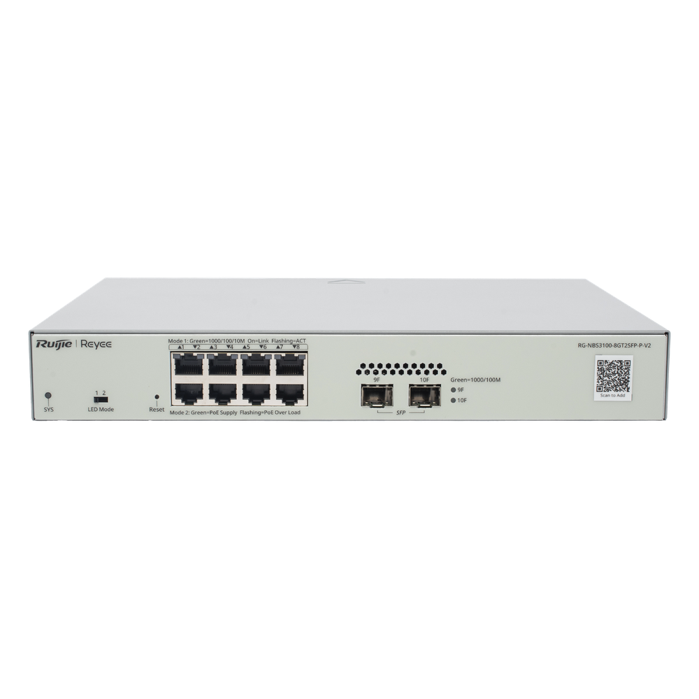 Switch Administrable PoE Capa 2 con 8 puertos Gigabit PoE 802.3af / at + 2 SFP para fibra 1Gb, gestión gratuita desde la nube, 125w