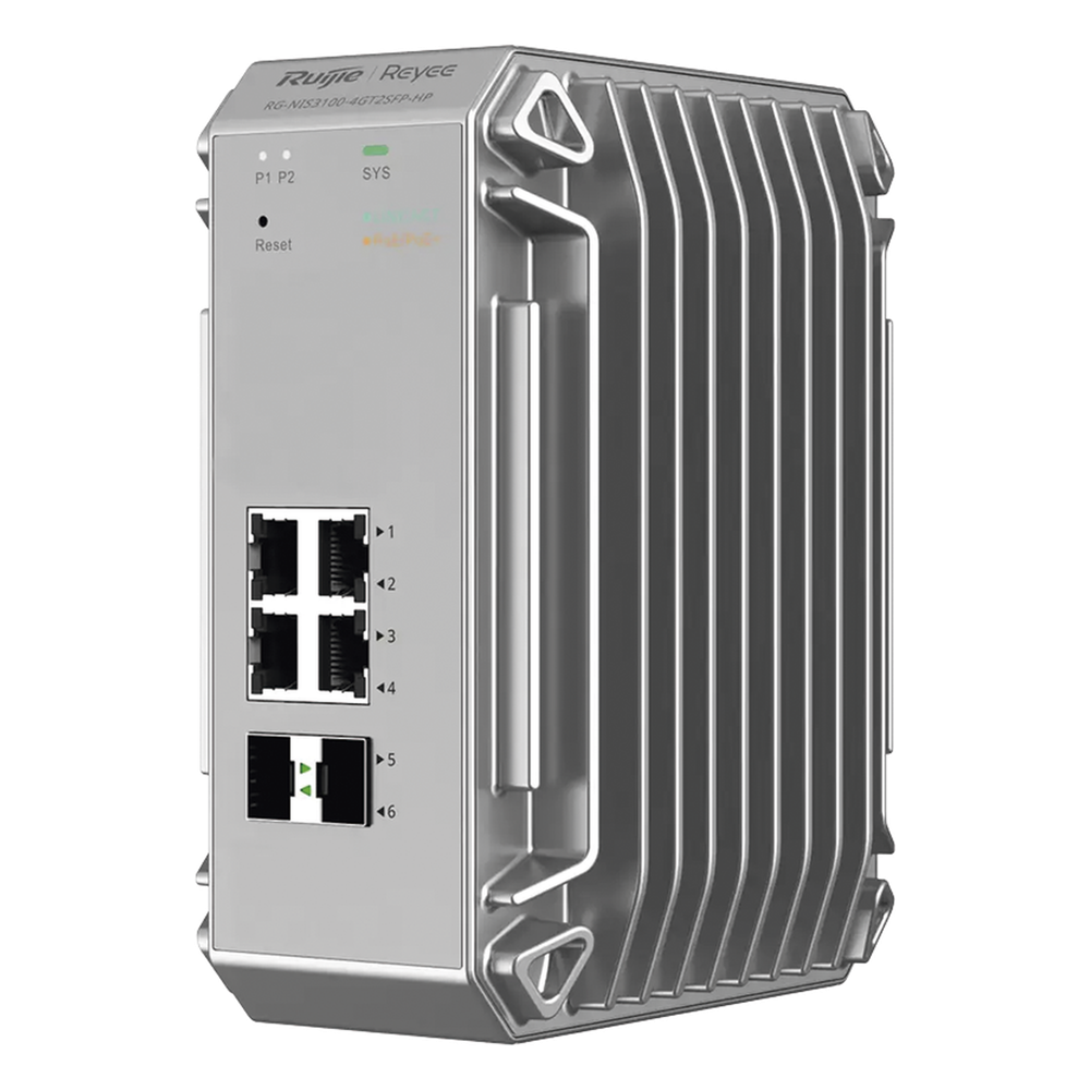 Switch Industrial PoE hasta, Ideal para temperaturas Extremas y protección contra descargas, 4 Puertos Gigabit PoE 802.3 af / at, 2 puertos SFP Administrable Cloud