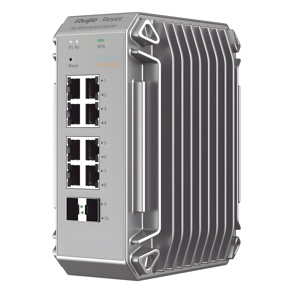 Switch Industrial PoE, Ideal para temperaturas Extremas y protección contra descargas, 8 puertos Gigabit PoE 802.3af / at + 2 SFP para fibra 1Gb, gestión gratuita desde la nube, 125w