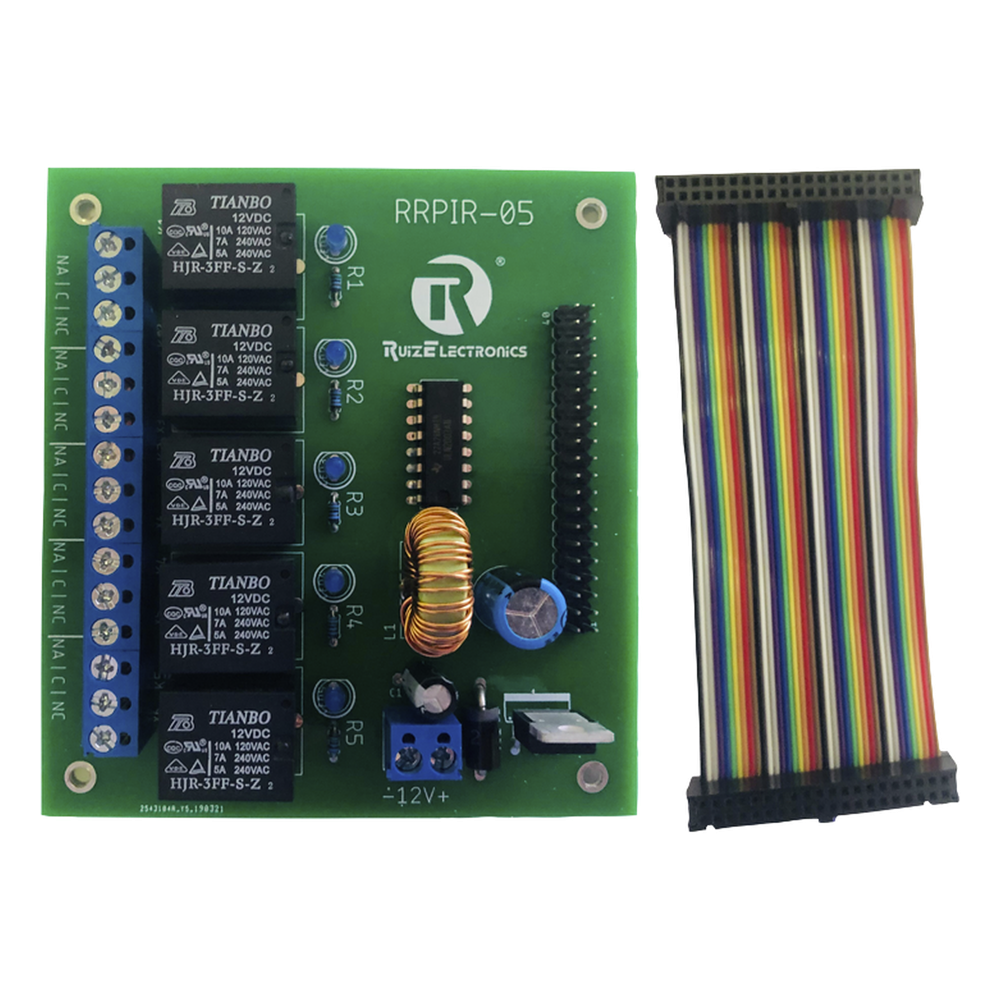 [RRPIR05] Tablilla interfaz de 5 relevadores con arnés 20x2 pines para Raspberry Pi