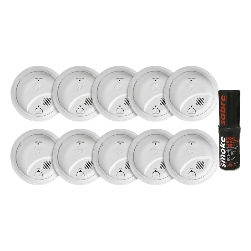 [1046832KSABRE] Kit de 10 Detectores de Humo Autónomos FIRST ALERT por Ionización / Alarma 85 dB / Botón Prueba y Silencio / Probador SABRE SDI