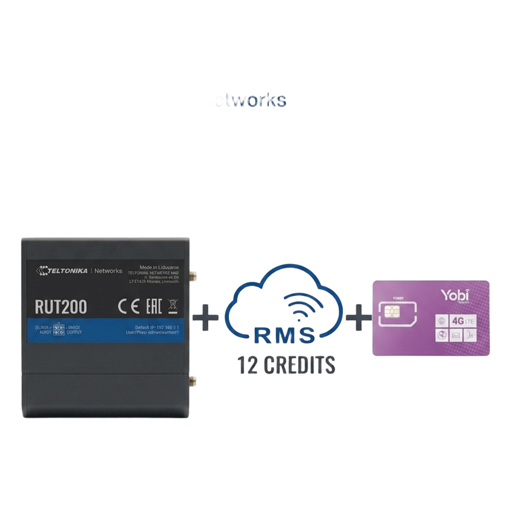 Router Teltonika LTE / 4G RUT200 + 12 creditos RMS + SIM de YOBI de 1GB por Mes durante un año de servicio (solo datos)