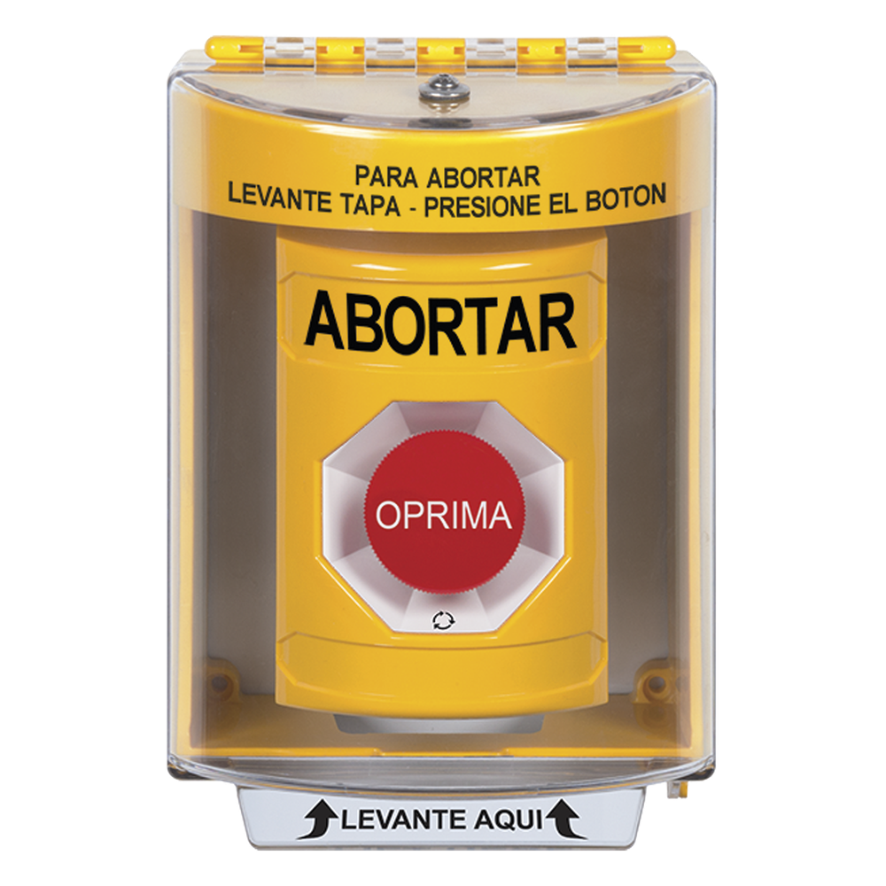 Botón de Abortar, Texto en Español, Tapa Protectora de Policarbonato Súper Resistente, Girar para restablecer