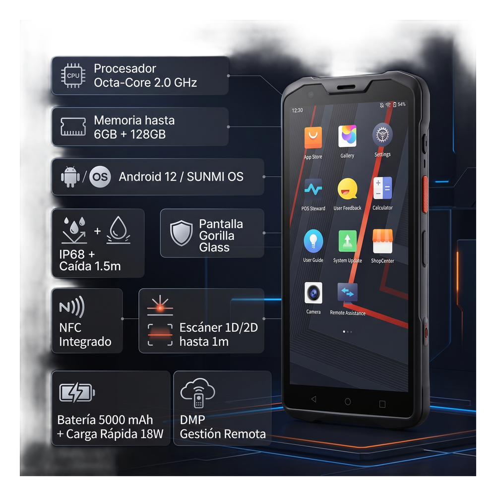 [L2SPRO] Handheld SUNMI L2S PRO / Octa-Core 2.0 GHz / 4GB RAM 64GB / IP68 / Escáner 1D / 2D 1 m / NFC / 5000 mAh / Android 12