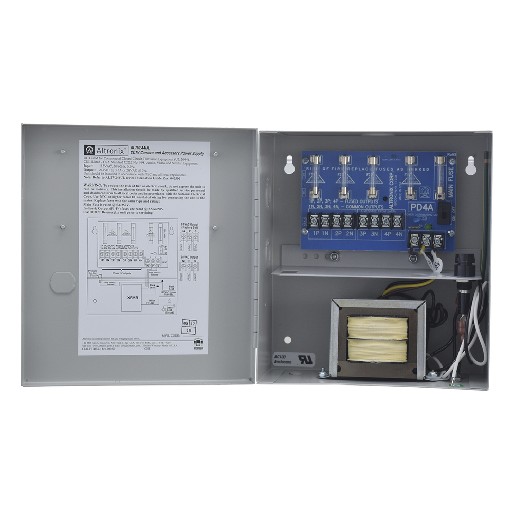 [AL-TV244-UL] Fuente de poder ALTRONIX de 24 Vca @ 3.5 Amper o 28 Vca @ 3.0 Amper, para 4 cámaras, Con voltaje de entrada de 115 Vca