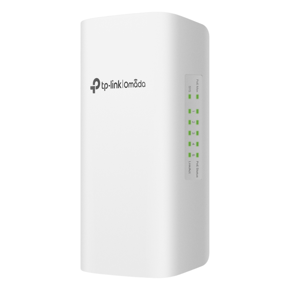 Switch PoE Omada Para Exterior / 1 Puerto PoE++ IN 802.3 af / at / bt / 4 Puertos PoE+ OUT Gigabit / Adminstración Centralizada Omada