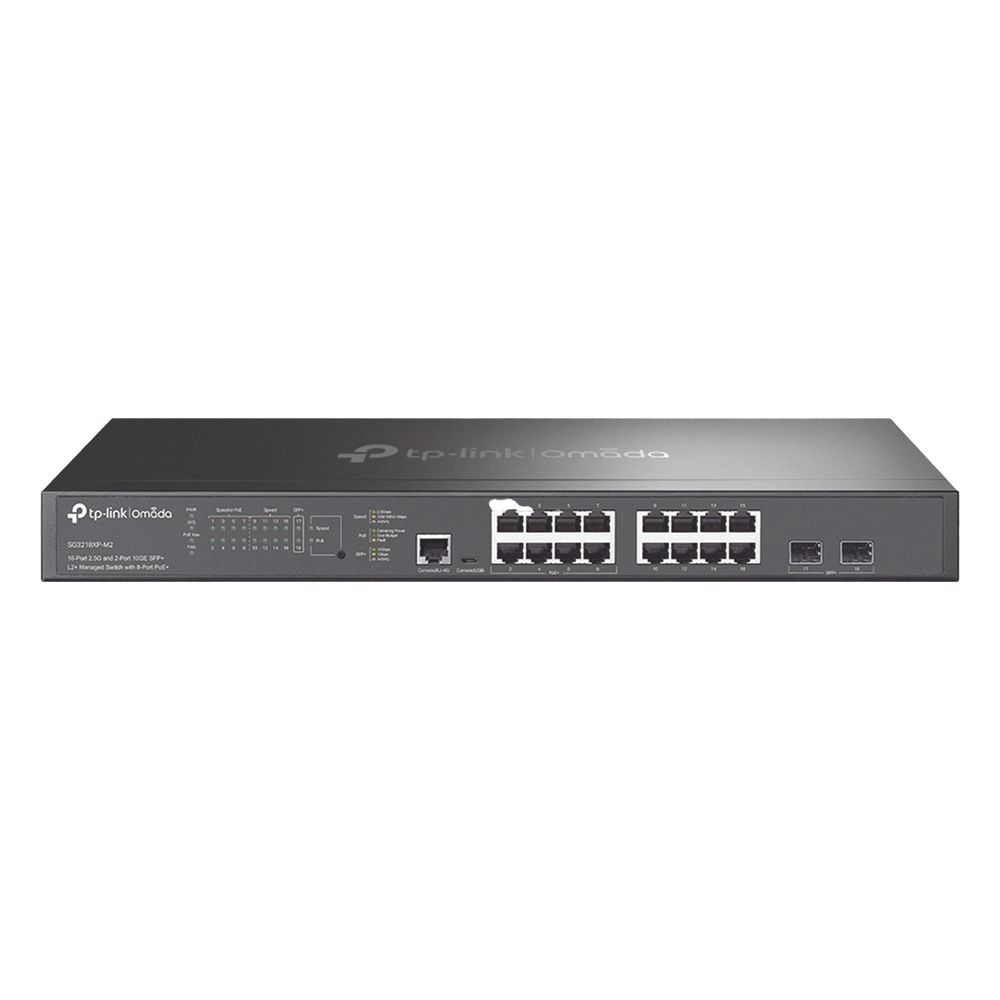 Switch L2+ Omada PoE+ / 16 Puertos MultiGigabit 2.5G / 8 Puertos 2.5G Sin PoE / 8 Puertos PoE+ 2.5G / 2 Puertos SFP+ 10G / Administración Centralizada Omada o Stand-Alone / Multicast IGMP / Presupuesto PoE 240W / montaje en Rack