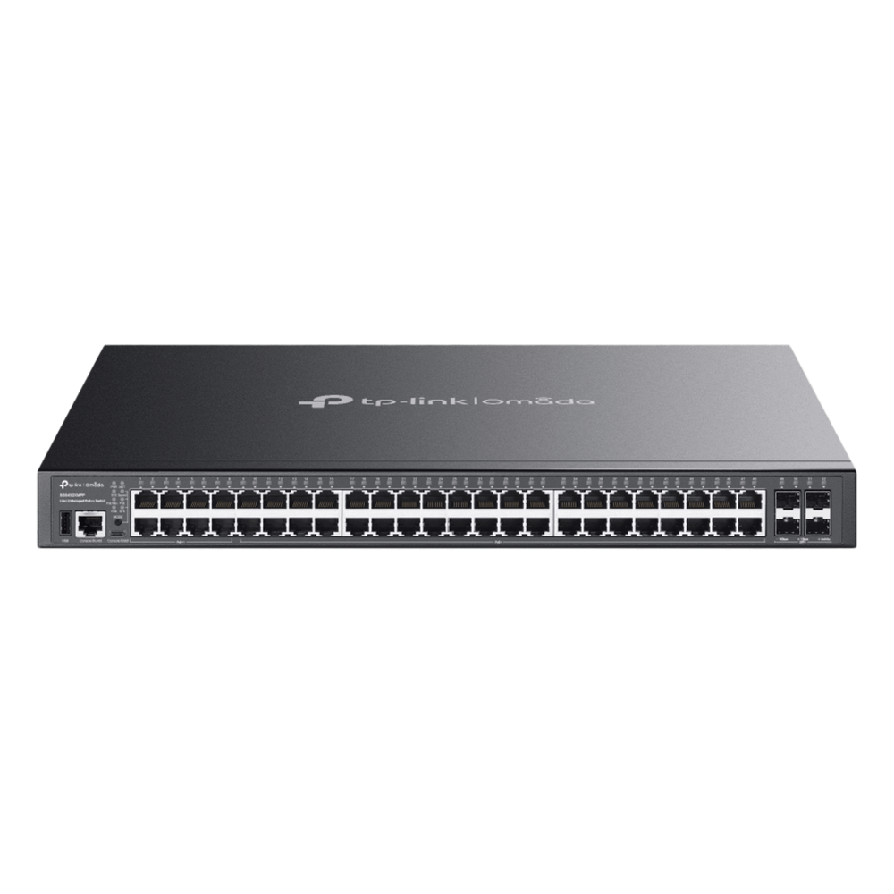 Switch Gestionable L3 / 48 Puertos Gigabit / 16× PoE++ 90W + 32× PoE+ 30W / Presupuesto PoE 500W / 4× SFP+ 10G / Stacking Físico 80 Gbps / Enrutamiento OSPF-RIP-VRRP / ERPS / Omada SDN Cloud