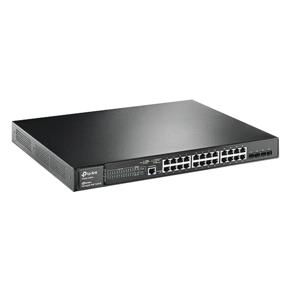 Switch administrable 24 puertos, PoE+, Gigabit, capa 2, 4 puertos SFP