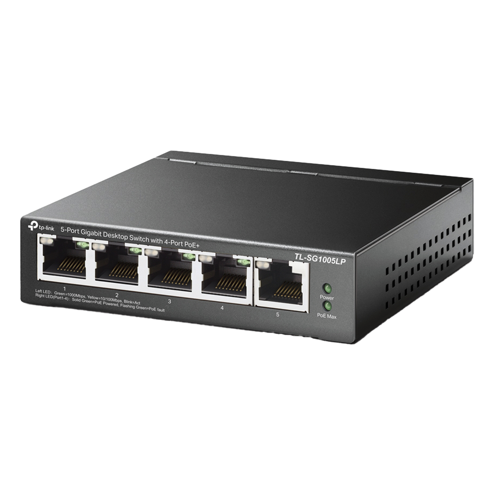Switch Escritorio No Administrable de 5 puertos 100 / 100 / 1000 Mbps / Con 4 puertos PoE 802.3af / at de hasta 40 W