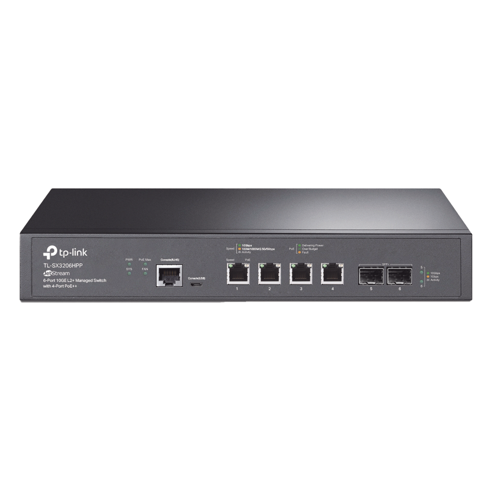 Switch administrable 6 puertos, PoE+, Gigabit, capa 2, 2 puertos SFP+