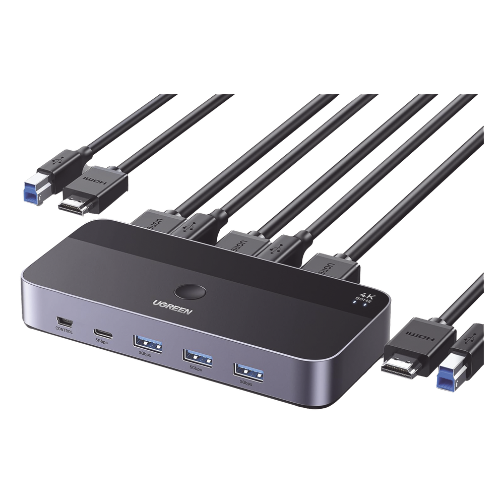 Conmutador KVM HDMI 4K | HDMI 2.0 | 2 Entradas 1 Salida | 4 Puertos USB 3.0 (3 USB-A *1 USB-C) | Soporta 4K@60Hz | HDR | Indicador Led | Compatible Win, MacOs y Linux | Carcasa de Aluminio