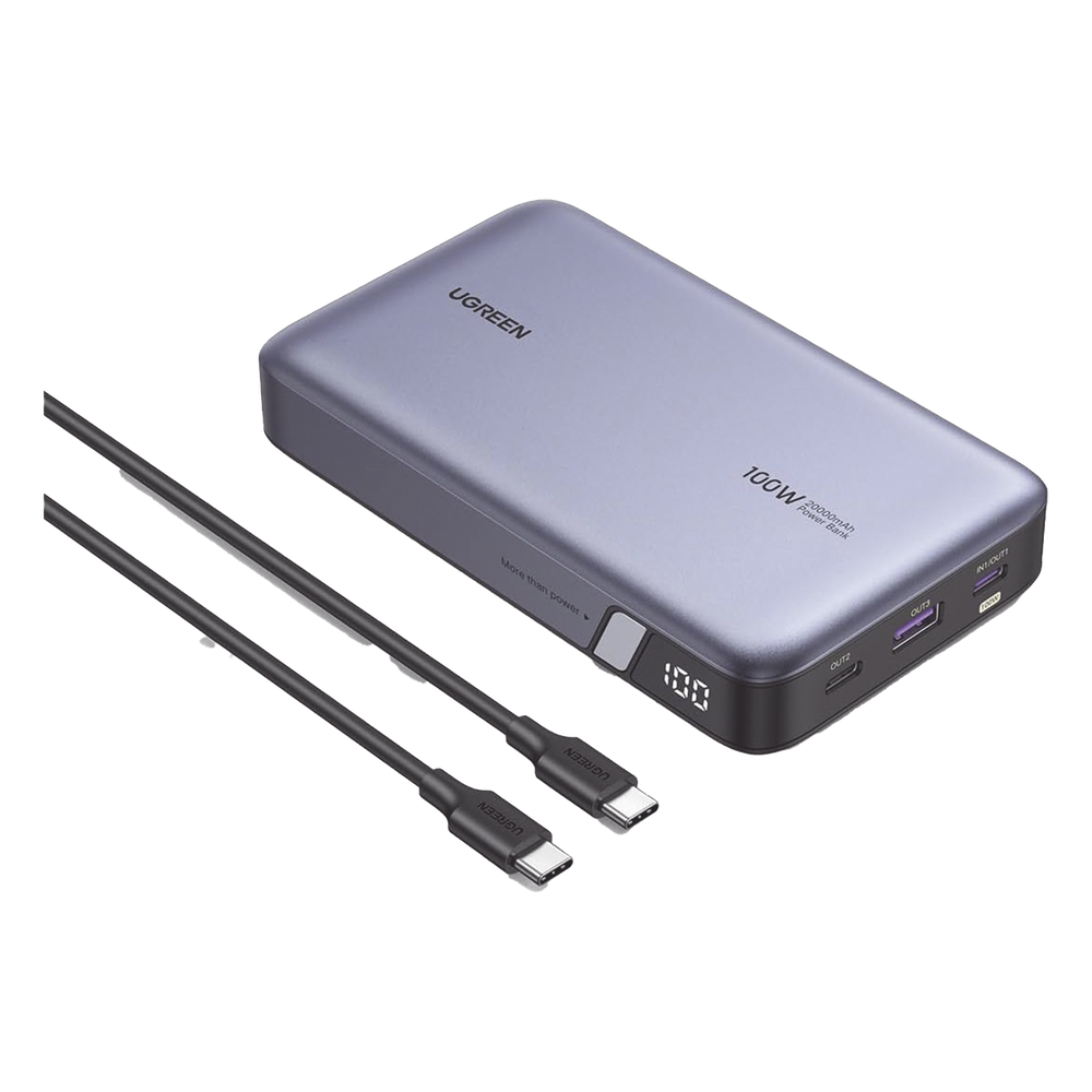 Power Bank de 20000mAh | 3 Salidas 100W Max. | USB-A + 2 USB-C | PD 3.0 | QC3.0 | FCP | SCP | Pantalla Inteligente | Carcasa Ignifuga | Color Gris | Incluye Cable USB de 50cm | Carga tu Laptop de Manera Segura