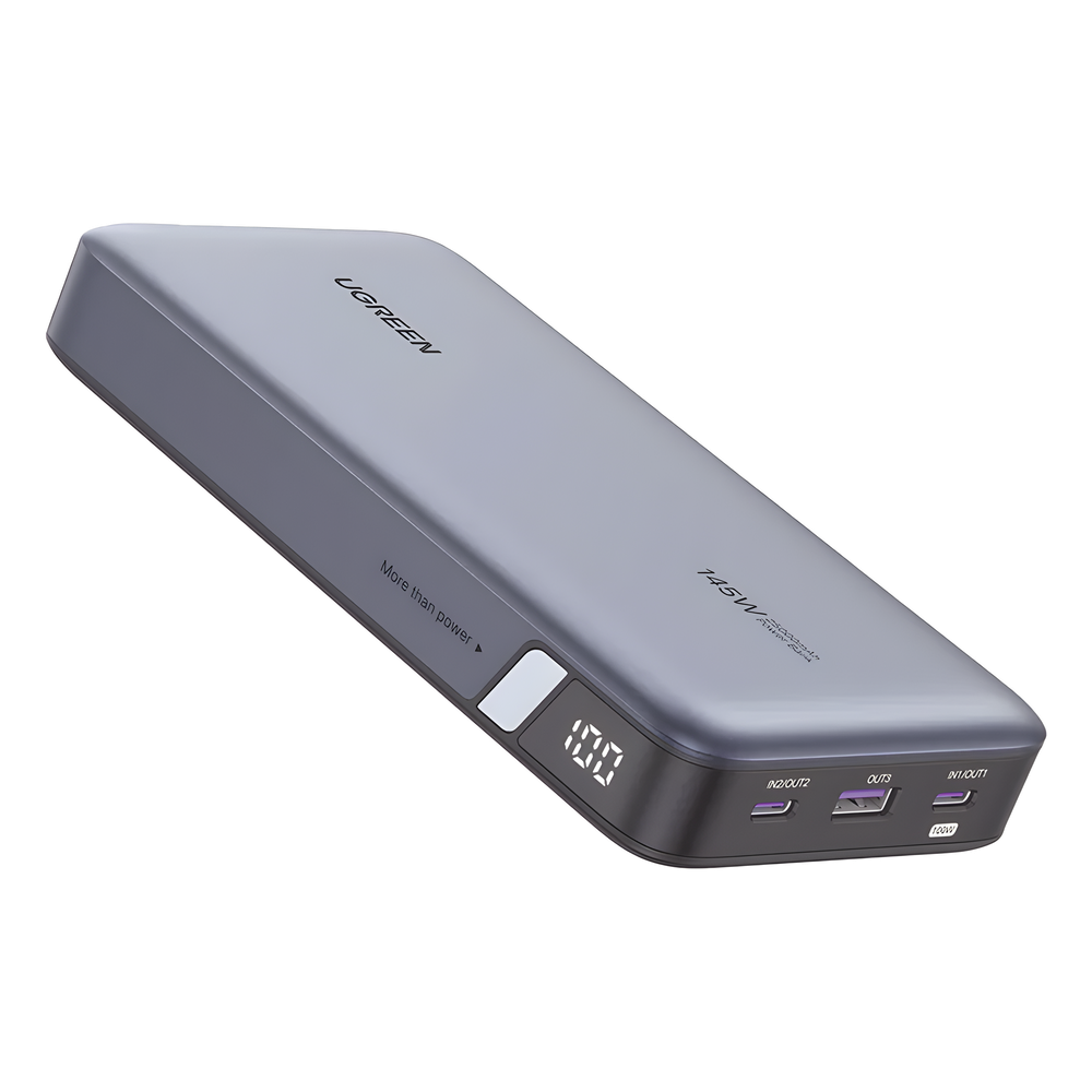 Power Bank de 25000mAh | 3 Salidas 145W Max. | USB-A + 2 USB-C | PD 3.0, QC3.0 | FCP | SCP | Pantalla Inteligente | Carcasa Ignifuga | Color Gris | Incluye Cable USB de 50cm | Carga tu Laptop de Manera Segura