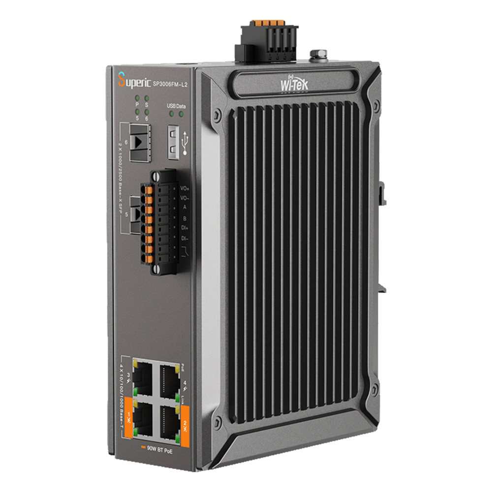 Switch industrial administrable 2 puertos, PoE, Gigabit, 2 SFP, 120 W